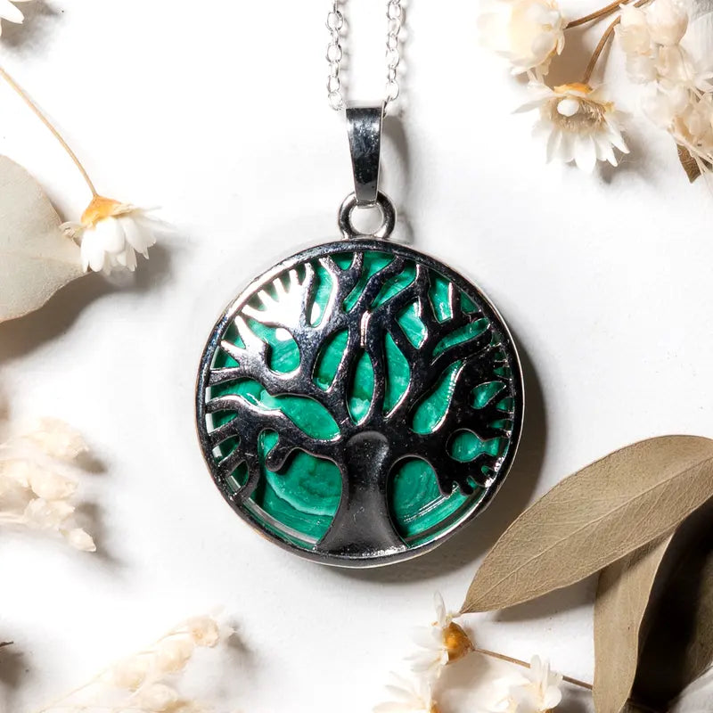 Pendentif arbre de vie argenté Malachite – Transformation et Protection Énergétique