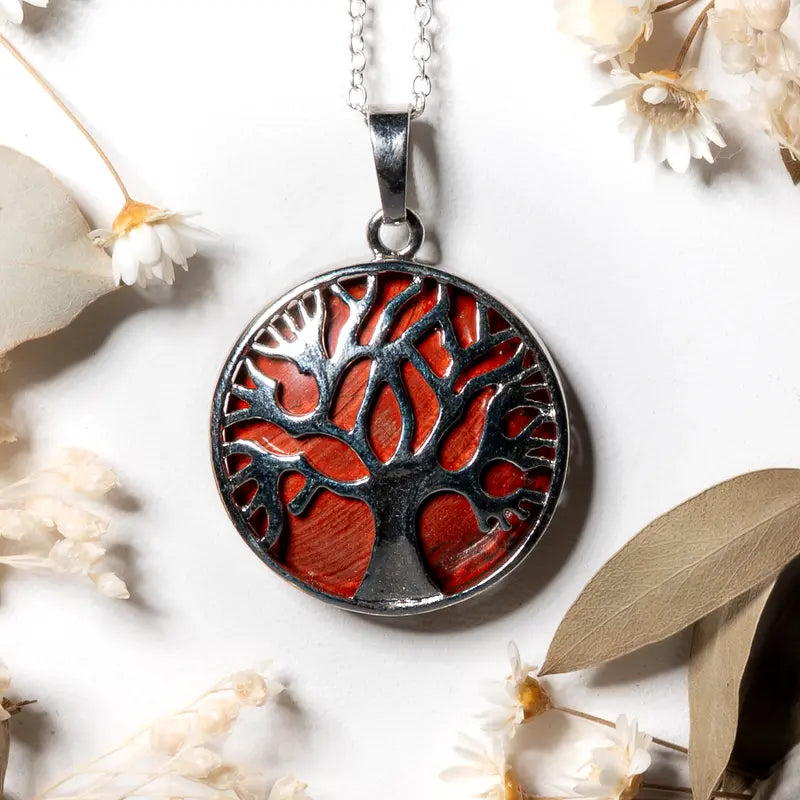 Pendentif arbre de vie argenté Jaspe Rouge – Force, Passion et Vitalité