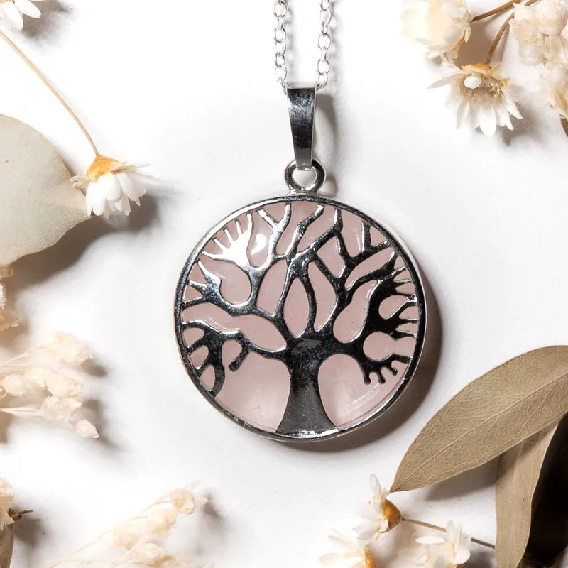 Pendentif arbre de vie argenté Quartz Rose – Amour et Guérison Émotionnelle