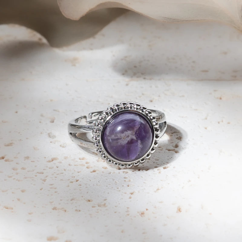 Bague ronde fleur en Améthyste – Sérénité et Protection Spirituelle