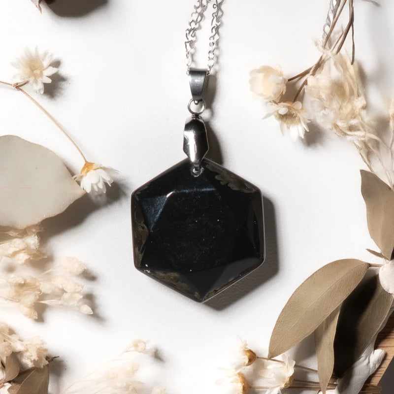 Pendentif hexagonal Obsidienne Noire – Protection et Stabilité Spirituelle