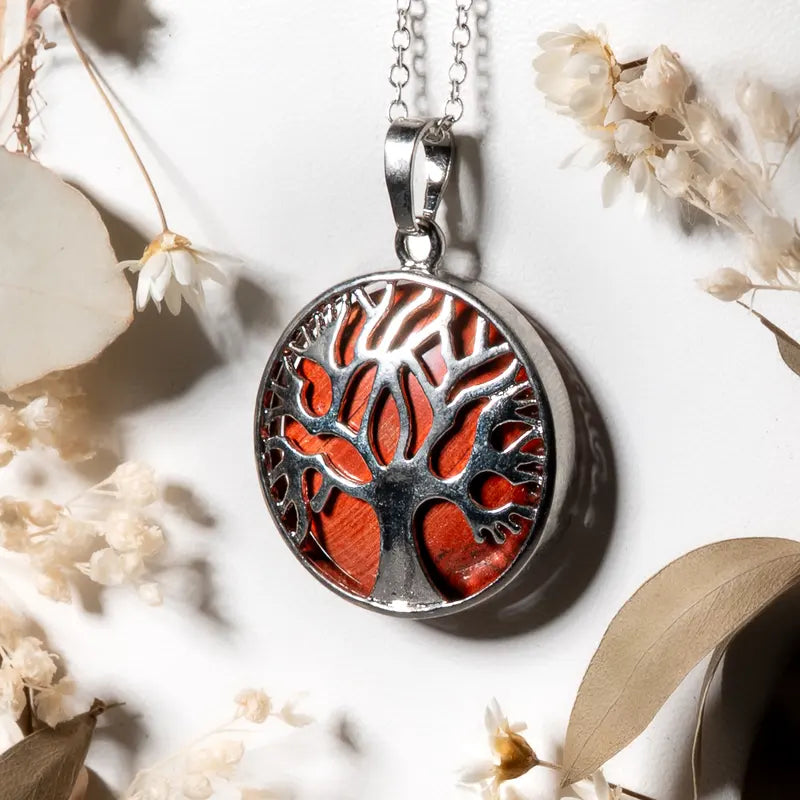 Pendentif arbre de vie argenté Jaspe Rouge – Force, Passion et Vitalité