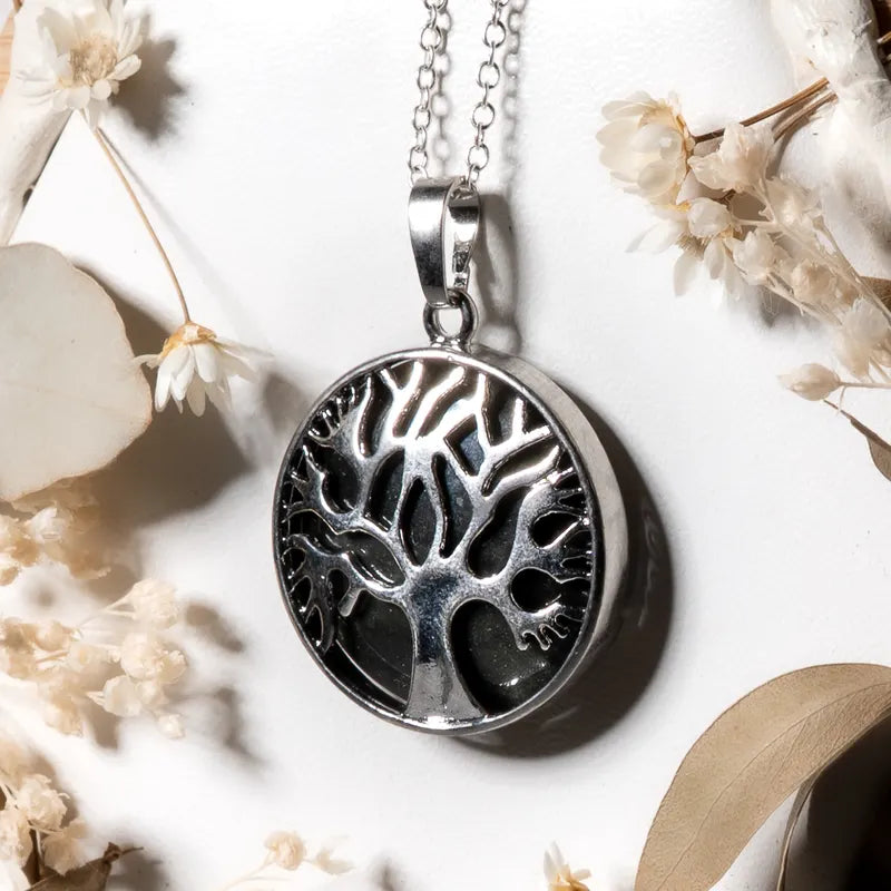 Pendentif arbre de vie argenté Onyx (Agate Noire) – Protection et Stabilité