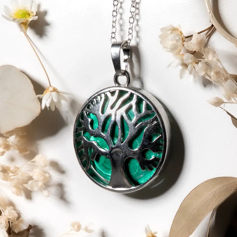 Pendentif arbre de vie argenté Malachite – Transformation et Protection Énergétique