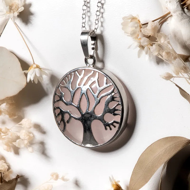 Pendentif arbre de vie argenté Quartz Rose – Amour et Guérison Émotionnelle